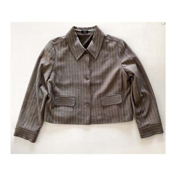 Express Sz M Pinstripe Collared Jacket Neutral Office Tailored Cropped Stretch - Picture 5 of 15